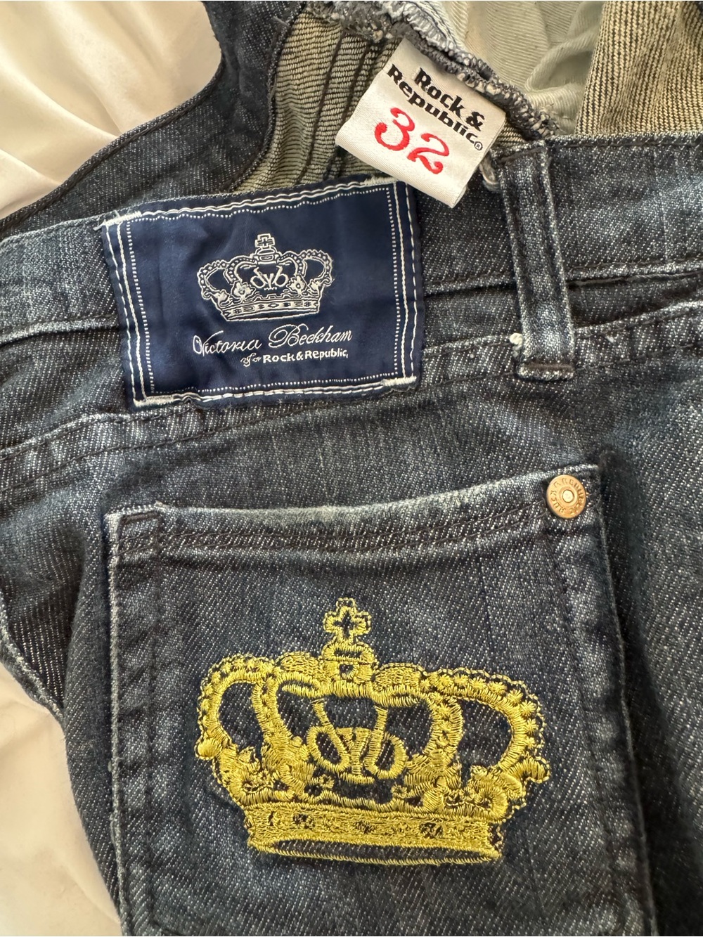 Victoria Beckham Rock & Republic Dark Blue Jeans with Gold Crown Embroidery